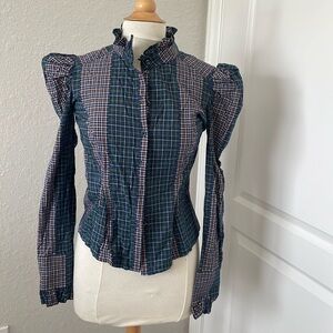 Petersyn Ruffle Collar Fitted Button Down Plaid Sz S